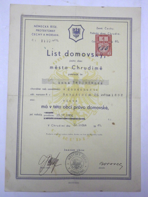 LIST DOMOVSKÝ PROTEKTORÁT 1940 CHRUDIM