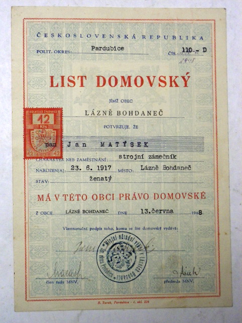 LIST DOMOVSKÝ LÁZNĚ BOHDANEČ 1948