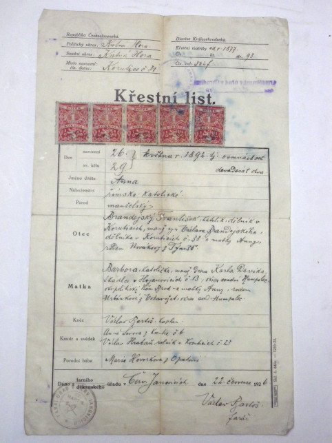 KŘESTNÍ LIST 1926 KOLEK